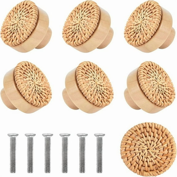 8PCS Rattan Rattan Woven Round Wooden Handle Handle Cabinet Door Rattan Woven Wooden Handle Single Hole Log Color Handle