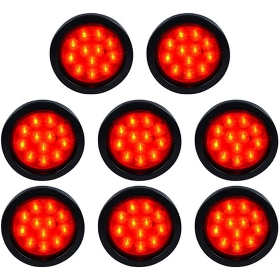 8PCS Red Light Clear Lens 12-LED 4" Round Truck Trailer RV Brake Stop Tail Lamps Rubber Cover Grommet Wiring Plug Kit