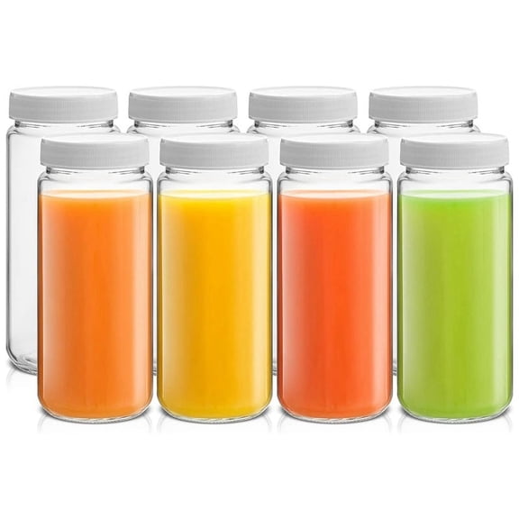 8PCS Reusable Bottles 16Oz Glass Bottles with Cap with Lids and Jars,8 x beverage bottle,Transparent