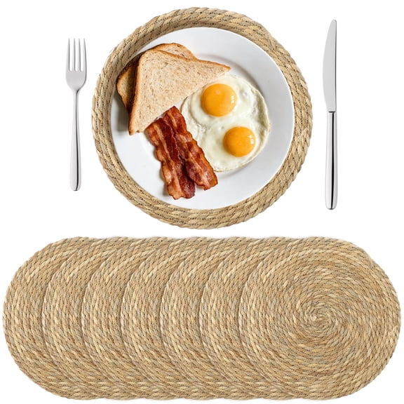 8PCS Round Woven Placemats Set, 13.8" Rustic Braided Table Mats, Boho Rattan Chargers, Farmhouse Natural Straw Placemats for Dining Table, Kitchen, Wedding