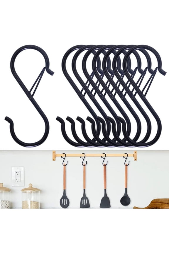 8PCS S Hooks for Hanging - S Shaped Hooks for Kitchen Utensil and Closet Rod - Black S Hooks for Hanging Plants, Pots and Pans, Bags - Heavy Duty Rustproof Safety Buckle Design - 3.5 Inch