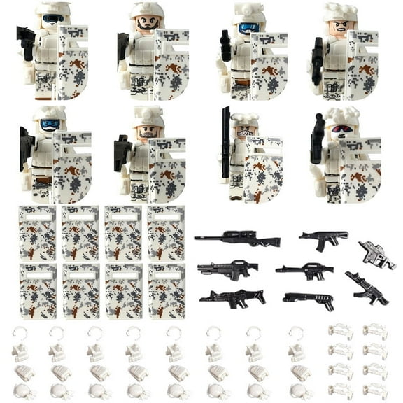 8PCS SWAT Soldiers Military Minifigures Toy, Policeman Mini Action Figures, Police Army Minifigures Building Block Set Toys with Shield Weapons Playset and Accessories, White