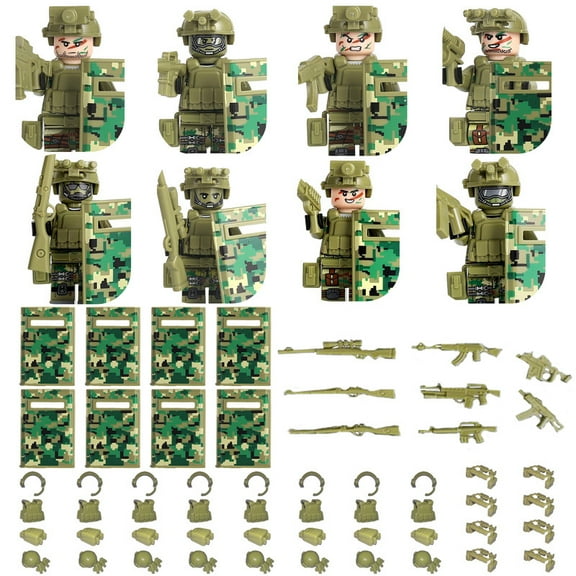 8PCS SWAT Soldiers Military Minifigures Toy, Policeman Mini Action Figures, Police Army Minifigures Building Block Set Toys with Shield Weapons Playset and Accessories, Green