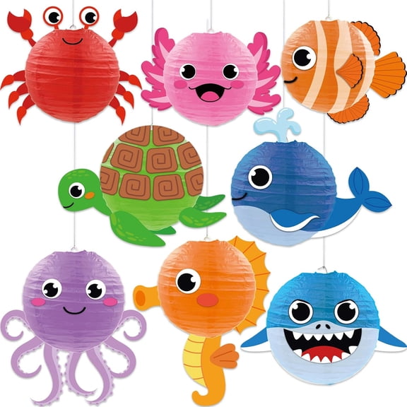 8PCS Sea Animals Paper Lanterns 8 Inch Summer Under the Sea Themed Hanging Round DIY Lanterns Ocean Party Decorations Undersea Marine Animal Shaped Cutouts for Boys Girls Baby Shower Party Supplies