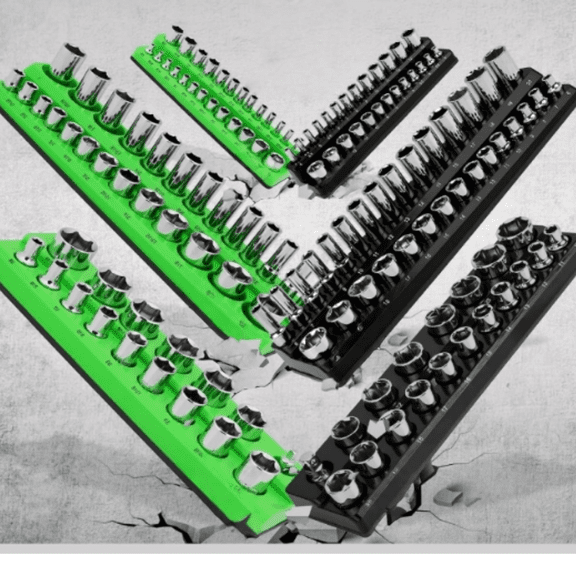 8PCS Set includes 2PCS 1/4", 4PCS 3/8", 2PCS 1/2" Drive Socket Storage Trays Toolboxs, Holding 199 Slots Soft Rubber Covering Black Green