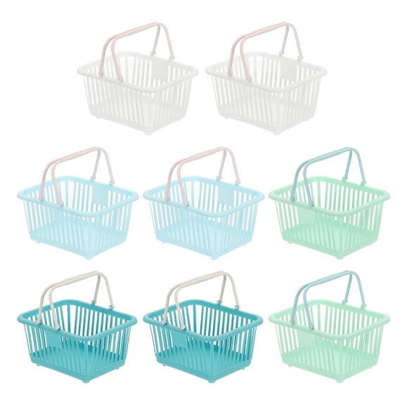 8PCS Small Plastic Basket,Mini Storage Basket Grocery Tiny Shopping Baskets with Handle Organizer Filtered Water for Organizing Toys Fruits Veggies Snacks, Green Cyan White Blue