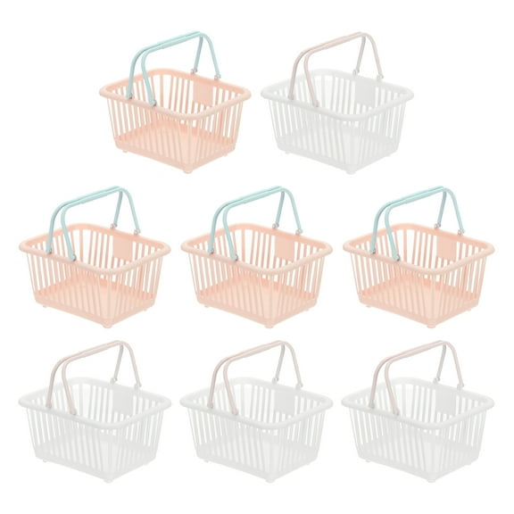 8PCS Small Plastic Basket,Mini Storage Basket Grocery Tiny Shopping Baskets with Handle Organizer Filtered Water for Organizing Toys Fruits Veggies Snacks, White Pink