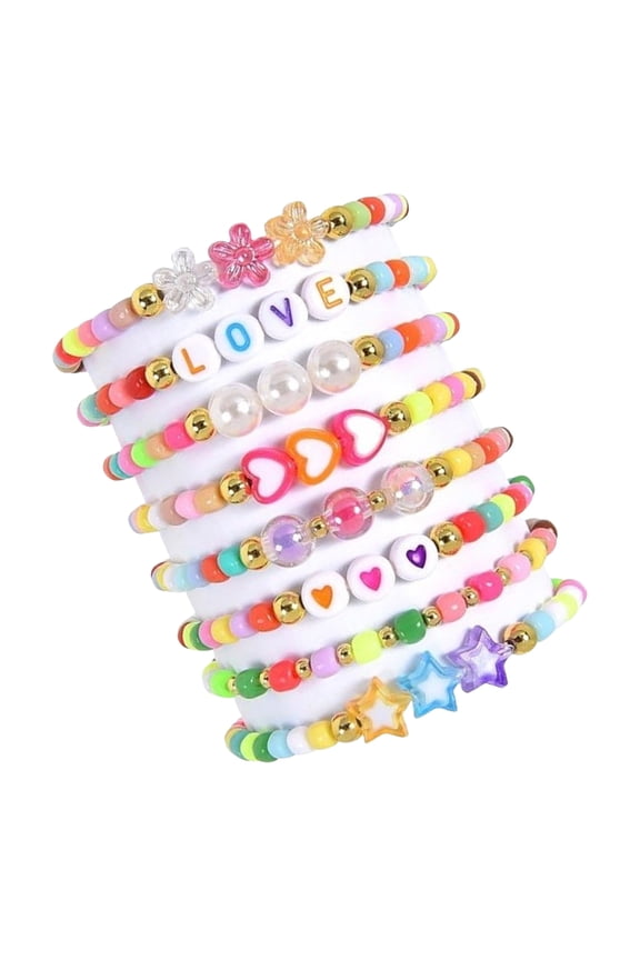 8PCS Stackable Friendship Bracelets Adjustable Wrist Jewelry for Girls Women Rainbow Bohemian Beads with Heart Charm