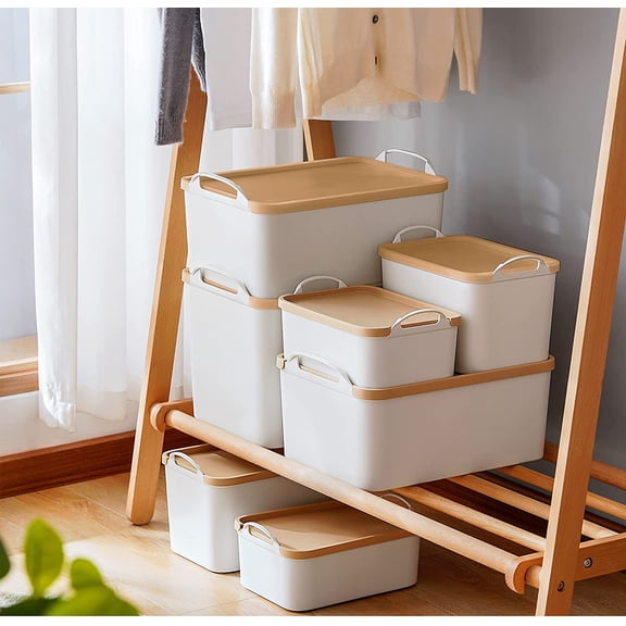 8PCS Stackable Plastic Storage Bins with Lids and Handles - White Desk Organizer Set for Kitchen Closet