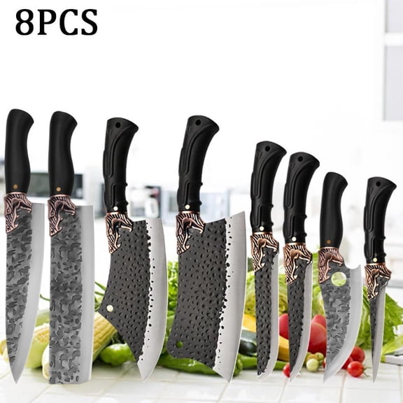 8PCS Stainless Steel Handmade Forged Chef Knife Set Including Utility Boning Fish and Vegetable Chopping Knives Professional Kitchen Cutting Tools for Gourmet Cooking Gifts for Men