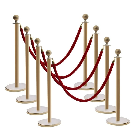 8PCS Stainless Steel Stanchion Post Queue, Gold Crowd Control Stanchion Set with 5 ft/1.5 m Red Velvet Rope, Crowd Control Barriers Queue Line for Red Carpet Themed Decoration