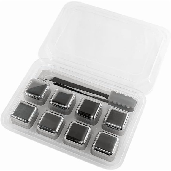8PCS Stainless Steel Whisky Stones Ice Cubes with Silicone Clip Bar Barware Sets Quick Freeze Ice Stones Reusable Chilling Rocks for Whiskey Wine Gin Tonic Drinks