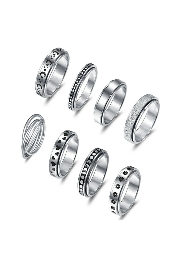 8PCS Stainless Steel Womens Mens Ring Thin Stars Moon Sun Spin Double Rotation Promise Ring Wedding Band for Wedding Anniversary Birthday Gift Size 6-10