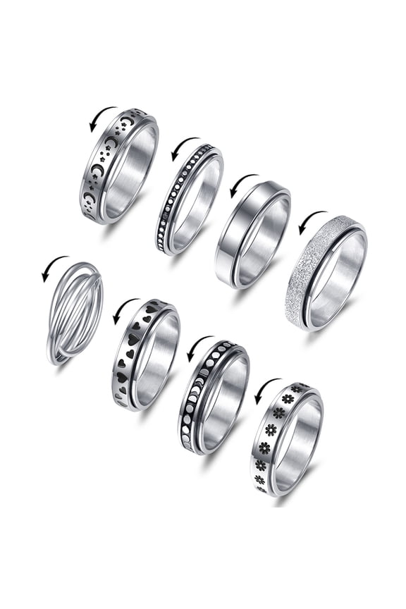 8PCS Stainless Steel Womens Mens Ring Thin Stars Moon Sun Spin Double Rotation Promise Ring Wedding Band for Wedding Anniversary Birthday Gift Size 6-10