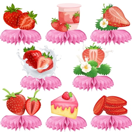 8PCS Strawberry Table Centerpieces, Strawberry Party Decorations Honeycomb Table Centerpieces, Perfect for Strawberry Shortcake Party Decorations Strawberry Birthday Decorations Party Favors