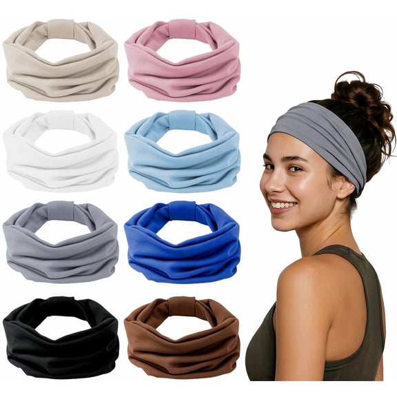 8PCS Stretch Headbands, Wide Non Slip Sweat Absorbent Elastic Head Wraps for Women