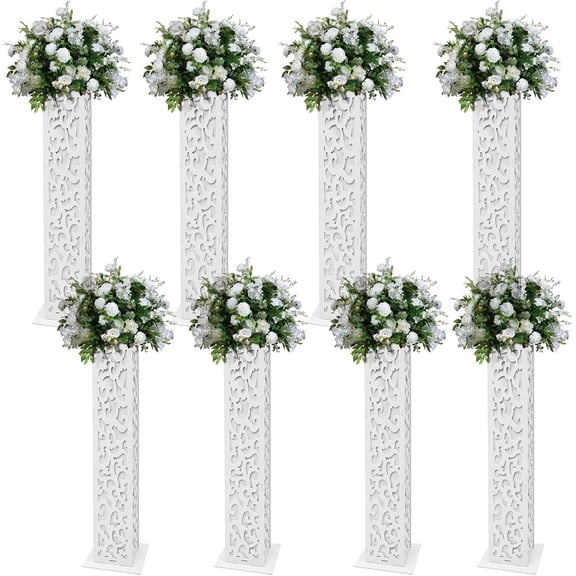 8PCS Tall Roman Column, White Wedding Column w/ LED Light, Carved Auspicious Cloud Pillars, Hollow Out Flower Columns, PVC Flower Pedestal Stands for Parties, Weddings, Celebration Events