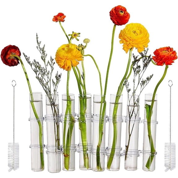 8PCS Test Tube Vases Decorative Glass Flower Vase Hinged Flower Vases Planter Flower Arranging Container Hydroponic Flower Holder Decor with 15PCS Hooks and 2PCS Brushes (VASES-B)