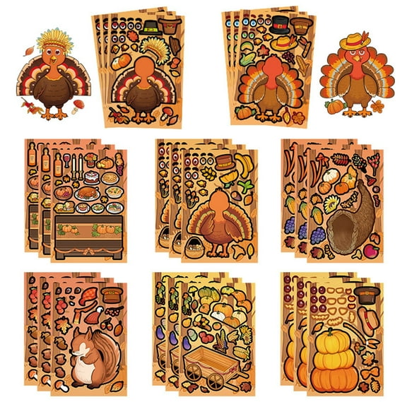 8PCS Thanksgiving Puzzle Face Stickers Set, DIY Cartoon Turkey and Squirrel Paper Stickers for Scrapbook, Party Games, Thanksgiving Decorations and Fall Decorations Supplies