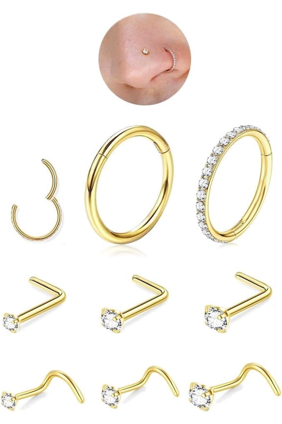 8PCS Titanium Nose Rings Stud, Gold Nose Ring for Women Men Hypoallergenic Nostril Hoops L Shape Nose Studs Corkscrew CZ Nose Piercing Jewelry Silver 18G & 20G Nose Ring Studs 2/2.5/3mm