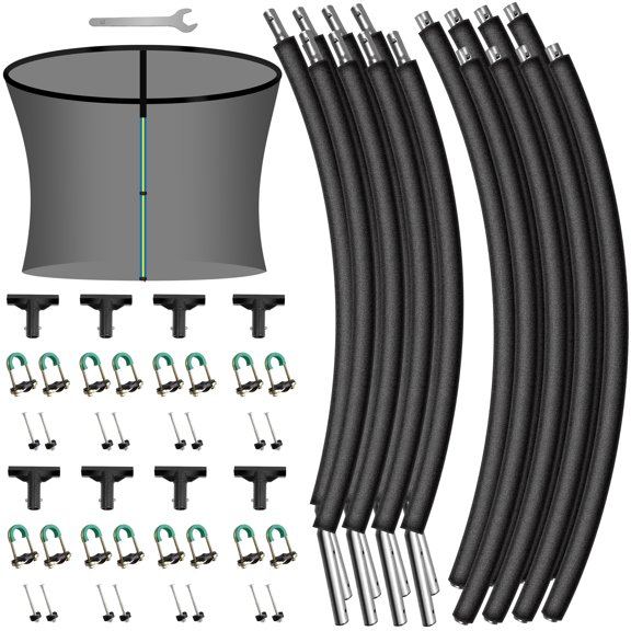 8PCS Trampoline Curved Pole and 12FT Trampoline Net, Universal Trampoline Replacement Enclosure Net with Pole, Plastic T Connector and Fiberglass Rods, Fits 12" Round Frame with 8 Curved Poles