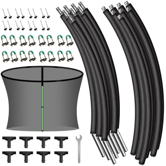 8PCS Trampoline Curved Pole and 14FT Trampoline Replacement Net, Universal Enclosure Net with Replacement Pole, Plastic T Connector and Fiberglass Rods, Fits 14" Round Frame with 8 Curved Poles