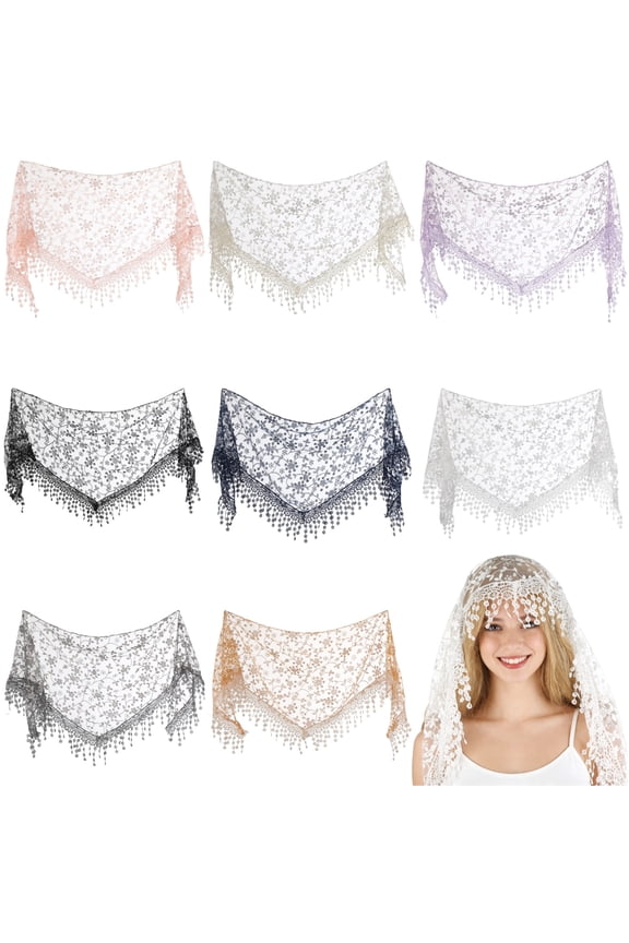 8PCS Triangle Lace Mantilla Veil Set, Floral Triangle Head Covering Scarf, Embroidered Fringe Chapel Veil Scarf, Breathable Polyester Catholic Veils for Mass, Church, Wedding