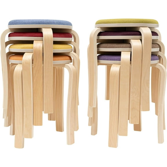 8PCS Upholstered Wood Stool, Stackable Round Stools, 18.9 Inch Tall Stacking Wooden Stools Chairs for Kitchen Living Room Home and Classroom