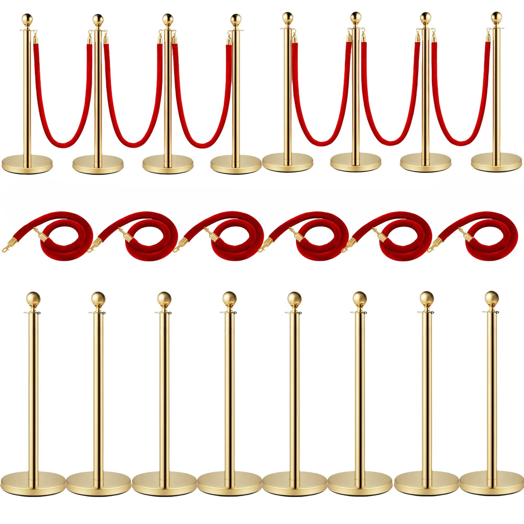 8PCS Velvet Ropes and Posts, 5 ft/1.5 m Red Rope, Stainless Steel Gold ...