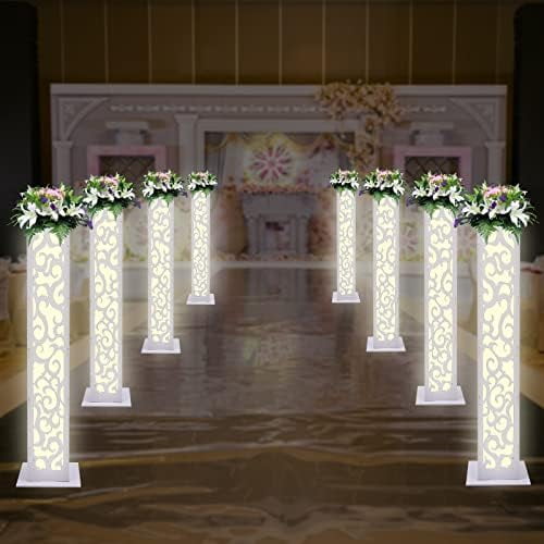 8PCS Wedding Flower Column with 3- LED Lights, 47 Inch White PVC Carved Pillars Decoration Flower Stand Roman Wedding Columns for Wedding Party Christmas Birthday Home Decoration