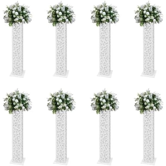 8PCS Wedding Flower Columns,47.2 Inch White Carved Pillars with LED Lights PVC Expansion Sheet Panels Design Flower Columns Decoration Flower Stands for Wedding Decorations