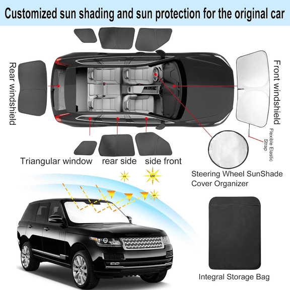 8PCS Windshield Sun Shade Custom Fit for 2013-2021 Land Rover Range Rover (Not Fit Range Rover Sport) Accessories Foldable Sunshade Side Rear Window Shade Cover Full Set Privacy Protection