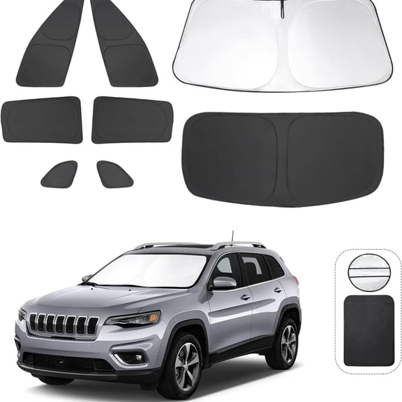 8PCS Windshield Sun Shade Custom Fit for 2014-2024 Jeep Cherokee Trailhawk,Overland, Limited, Latitude, Altitude Accessories Foldable Sunshade Side Rear Window Shade Cover Full Set Keeps Car Cool