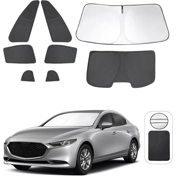 8PCS Windshield Sun Shade Custom Fit for 2019-2024 2025 Mazda 3 Accessories Foldable Sunshade Side Rear Window Shade Cover Full Set Privacy Protection Keeps Car Cool