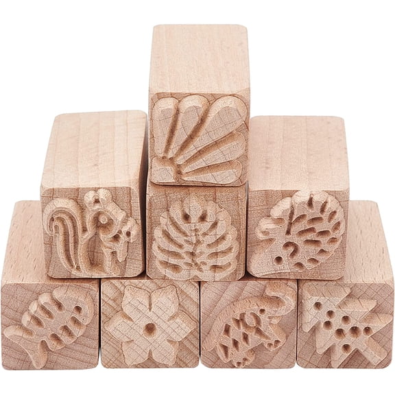8PCS Wood Pottery Tools Stamps Square Wooden Stamps Natural Wood Stamps with Mixed Patterns for Clay Valentine's Day Easter Gift 2x0.7Mixed Color