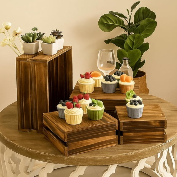 8PCS Wooden Buffet Risers and Stands with Reusable Table Signs, Stackable Cube Rustic Wood Food Risers for Buffet Display, Cupcake Holder, Dessert Table Display Set