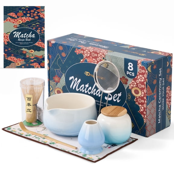 8PCs Matcha Whisk Set - 530ml Matcha Whisk Set With Ceramic Matcha Bowl | Japanese Tea Set | Matcha Lover Gifts | Matcha Accessories | Matcha Set | Bowl Mixing Set - Blue Matcha Kit