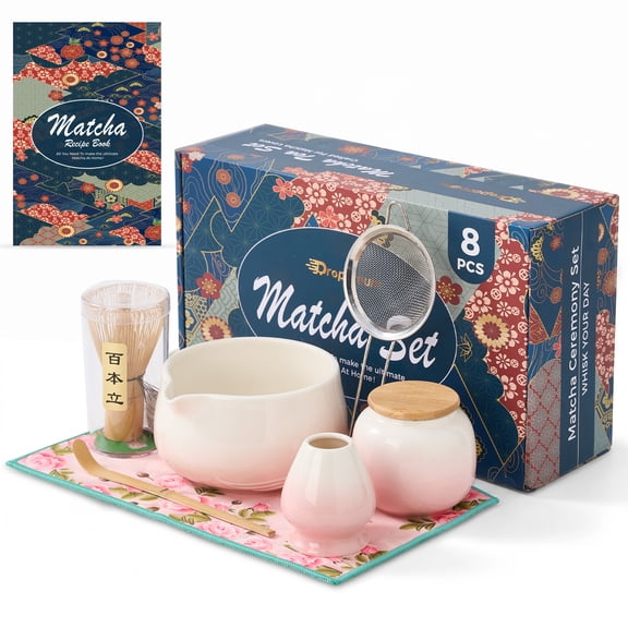 8PCs Matcha Whisk Set - 530ml Matcha Whisk Set With Ceramic Matcha Bowl | Japanese Tea Set | Matcha Lover Gifts | Matcha Accessories | Matcha Set | Bowl Mixing Set - Pink Matcha Kit