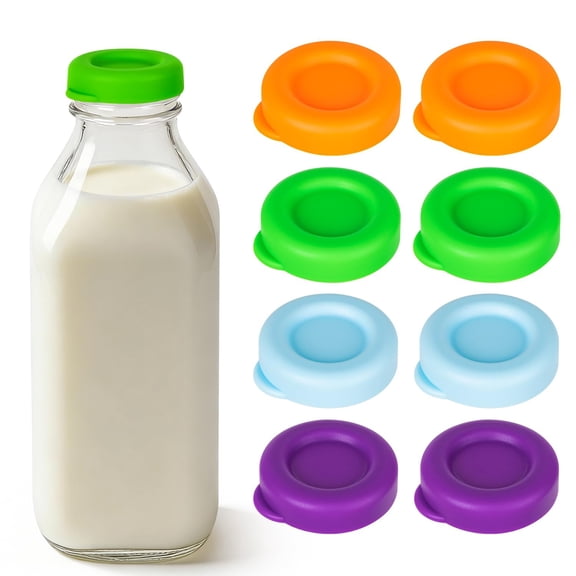 8PCs Silicone Milk Bottle Caps, 48mm Diameter Milk Jug Caps, Reusable Milk Bottle Lids Compatible with Stanpac, Libbey,Reusable Lid and Airtight Bottle Caps for Milk Glass Bottles Jars