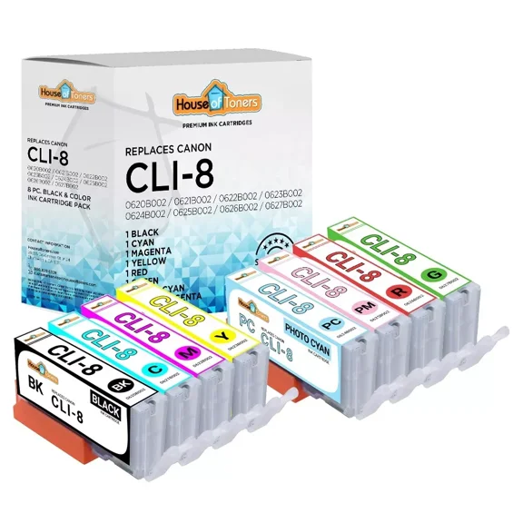 8PK CLI-8 Ink Set w/ Red & Green for Pro6000 Pro6500 Pro9000 Mark II