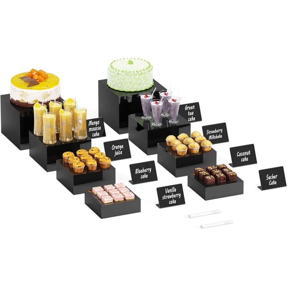 8PSC Buffet Risers, Risers for Buffet Table, Display Stand for Catering Dessert Collectibles Figures Show, Black Cube Boxes Nesting Risers, 2 Set (6", 6.5", 7", 8'')