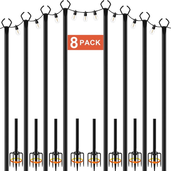 8Pack 10FT Outdoor String Light Poles with Fence Brackets, Heavy Duty Metal Light Stand for Hanging String Lights, Weatherproof Deck Patio Backyard Garden Light Pole for Wedding Party Holiday Decor