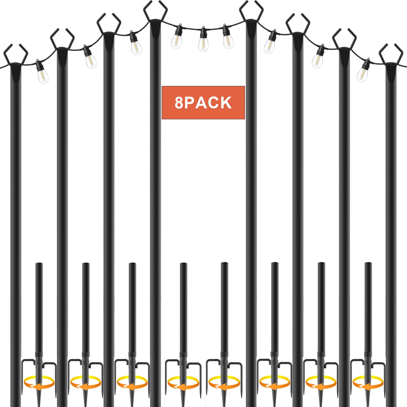 8Pack 10FT Outdoor String Light Poles with Fence Brackets, Heavy Duty Metal Light Stand for Hanging String Lights, Weatherproof Deck Patio Backyard Garden Light Pole for Wedding Party Holiday Decor