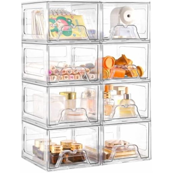 8Pack Acrylic Storage Drawers, Clear Stackable Storage Drawers, Acrylic Storage Bins with Drawers for Fridge Organizers, PlasticDrawers Stackable for Makeup Organizers Cosmetic Display