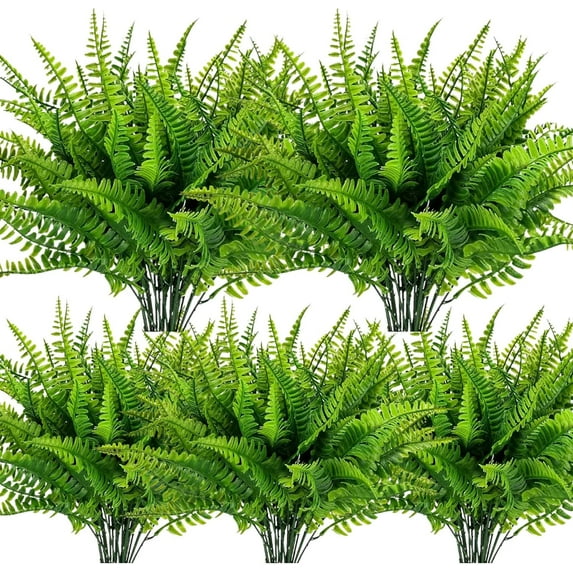 8Pack Artificial Outdoor Persian Grass Plants UV Resistant Fake Greenery Plastic Boston Fern Faux Shrubs Grass for Porch Patio Pots Outside Decorations
