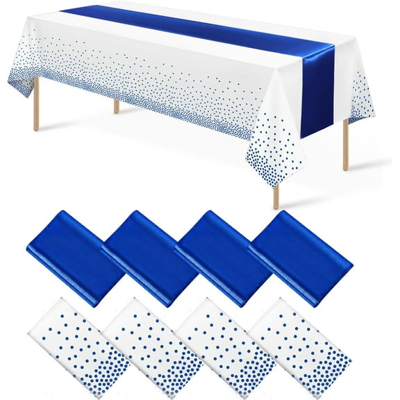 8Pack Disposable Plastic Tablecloths and Satin Table Runner White and Royal Blue Dot Tablecloth Blue Satin Table Runner for Wedding Birthday Baby Shower Anniversary Christmas New Year Party Supplies