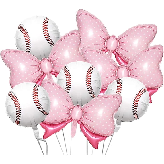 8Pack Gender Reveal Party Balloons, 4Pcs Pink Bow Foil Balloons 4Pcs Foil Baseball Balloons for Baseball or Bows Gender Reveal Party Decorations Supplies