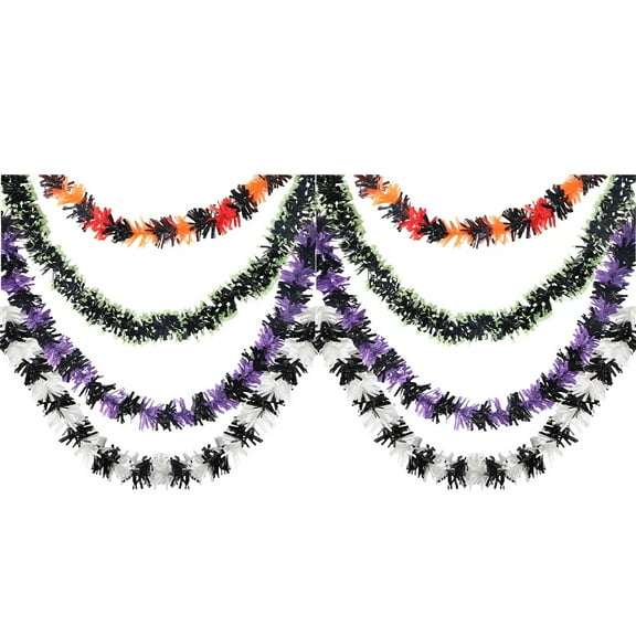 8Pack Halloween Tinsel Garland,32.8ft Metallic Hanging Decor,Rainbow Stripe Party Backdrop for Doorway,Wall,Staircase Displays