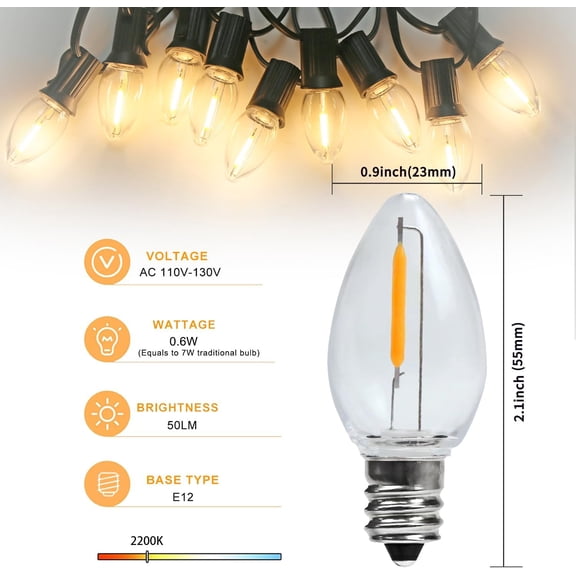 8Pack LED Night Light Bulbs, C7 Shatterproof Replacement Led Light Bulb for String Light, E12 Base Salt Lamp Bulbs, 0.6W Equivalent to 7W, Warm White 2200K, 50LM.