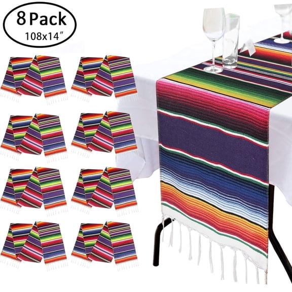 8Pack Mexican Serape Table Runner 108" X 14" - Fringe Cotton Table Runner For Mexican Party Wedding Decorations